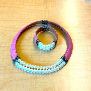 Honora Pink Band Leather and Sterling Silver Set with Double Rowed Pearls
